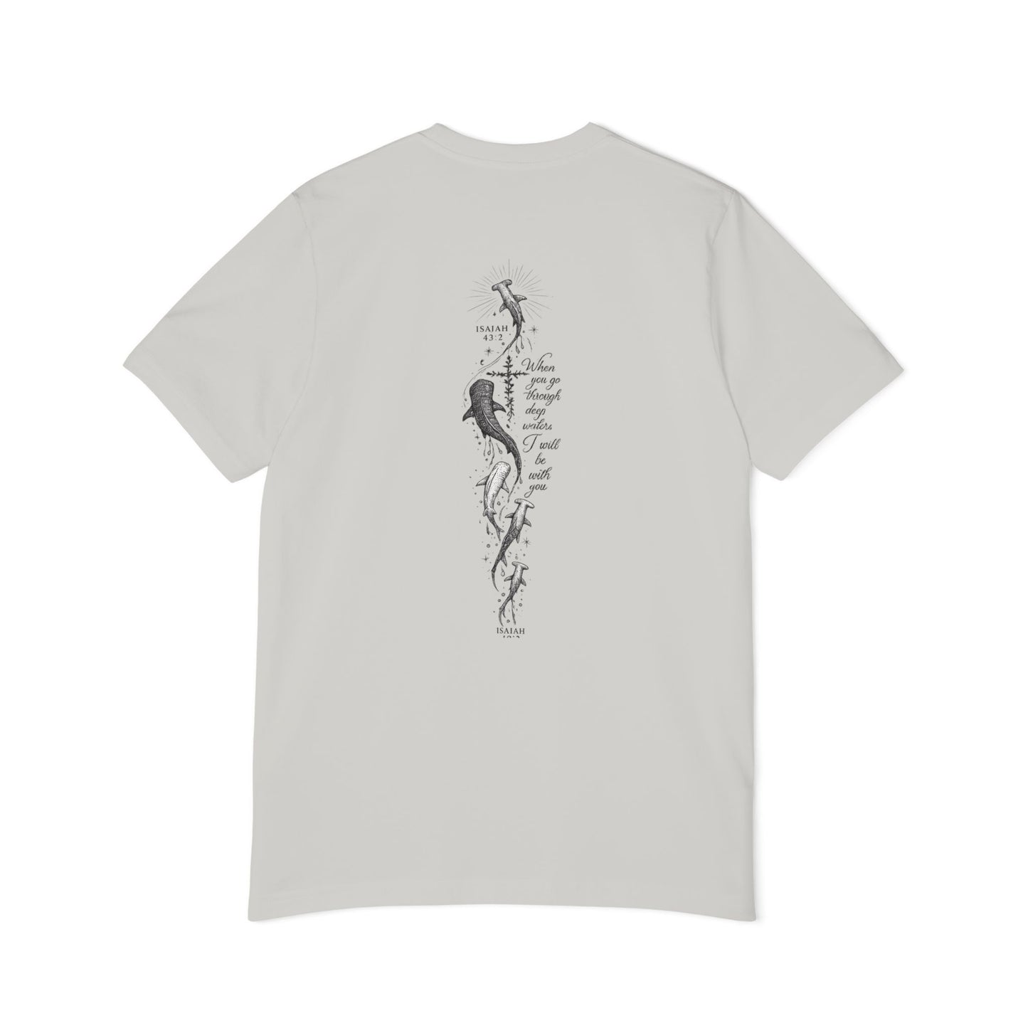 Shark Ocean Vertical Back-Print T-Shirt — Vintage Script Marine Design