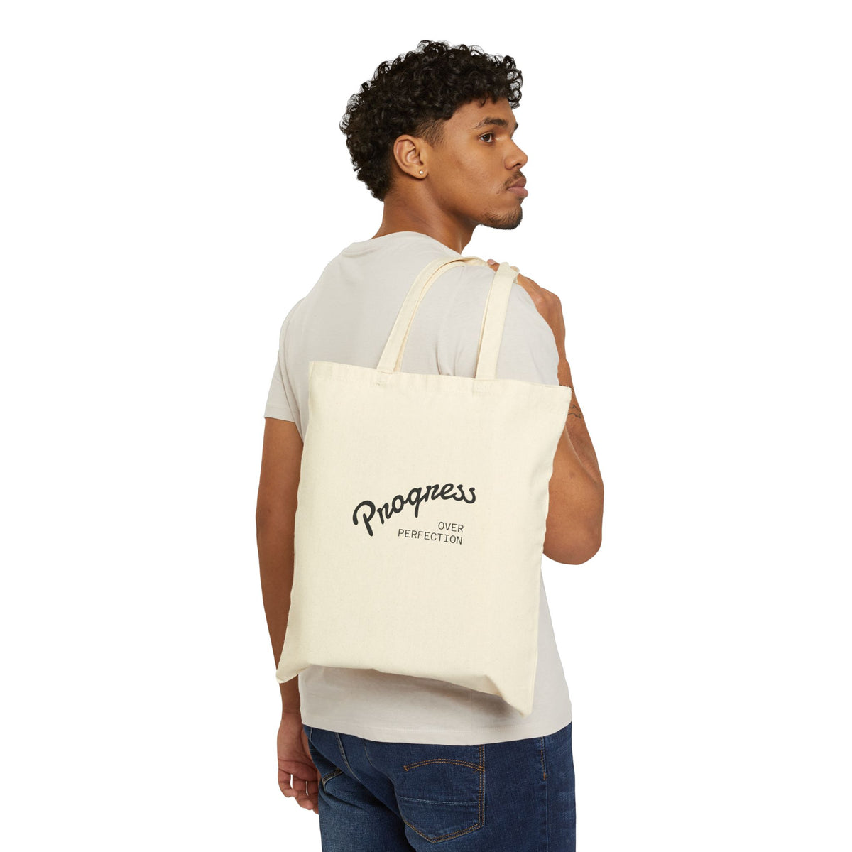 Canvas Tote Bag — "Progress Over Perfection" Motivational Eco Shopper