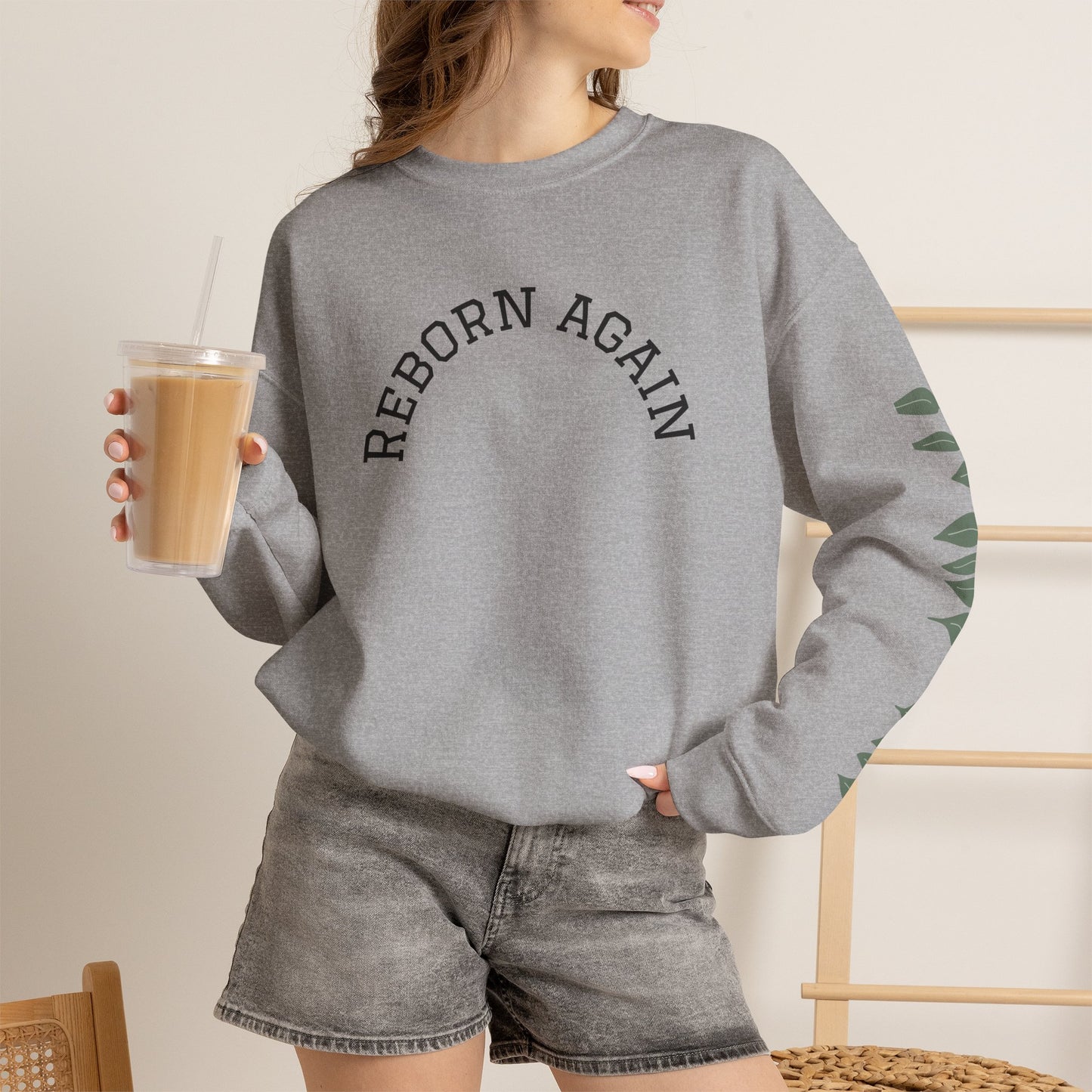 Crewneck Sweatshirt — "Reborn Again" Minimalist Botanical Sleeve