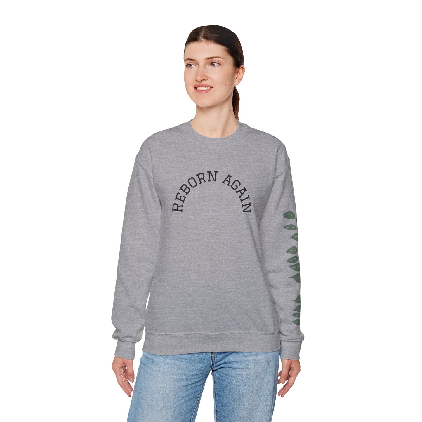 Crewneck Sweatshirt — "Reborn Again" Minimalist Botanical Sleeve