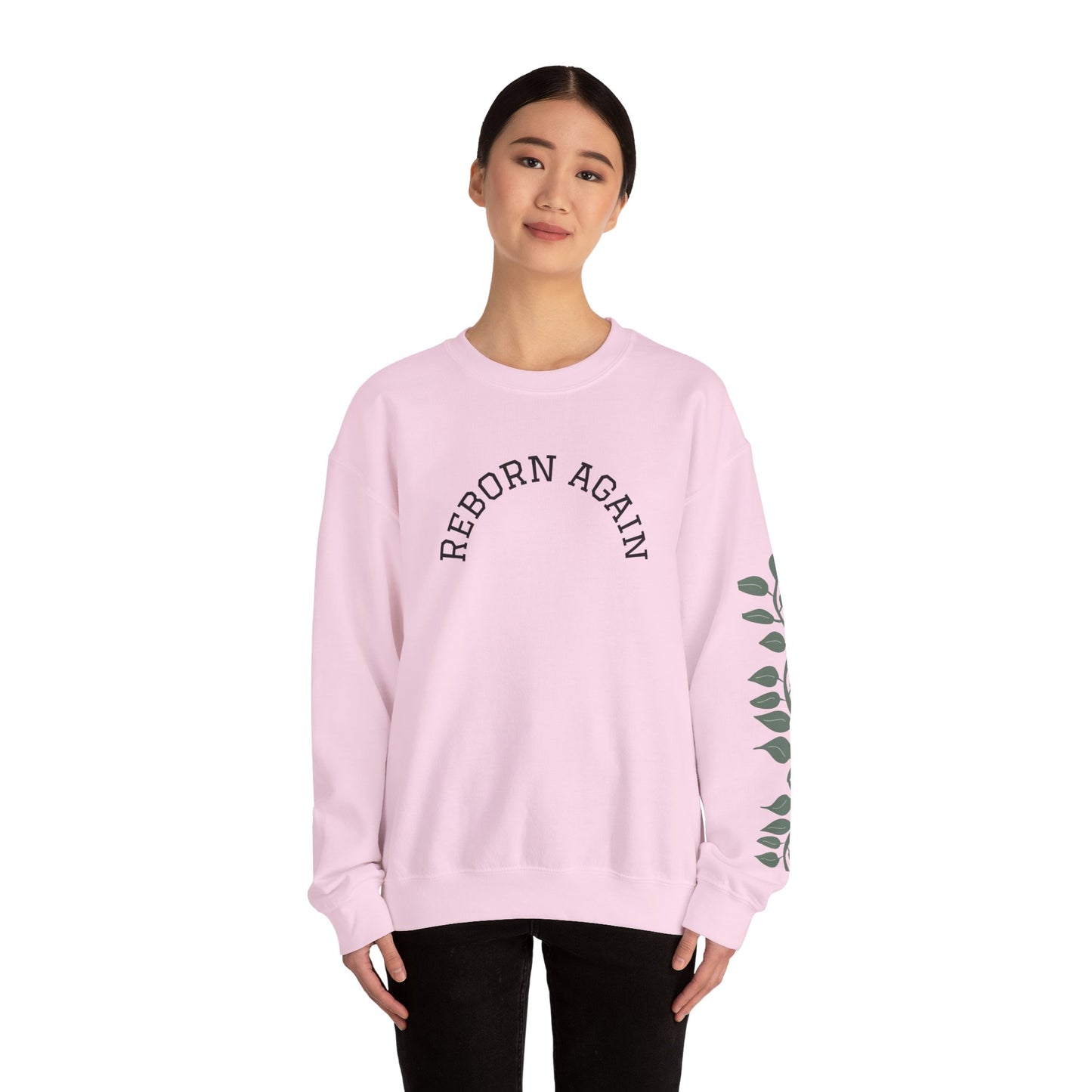 Crewneck Sweatshirt — "Reborn Again" Minimalist Botanical Sleeve
