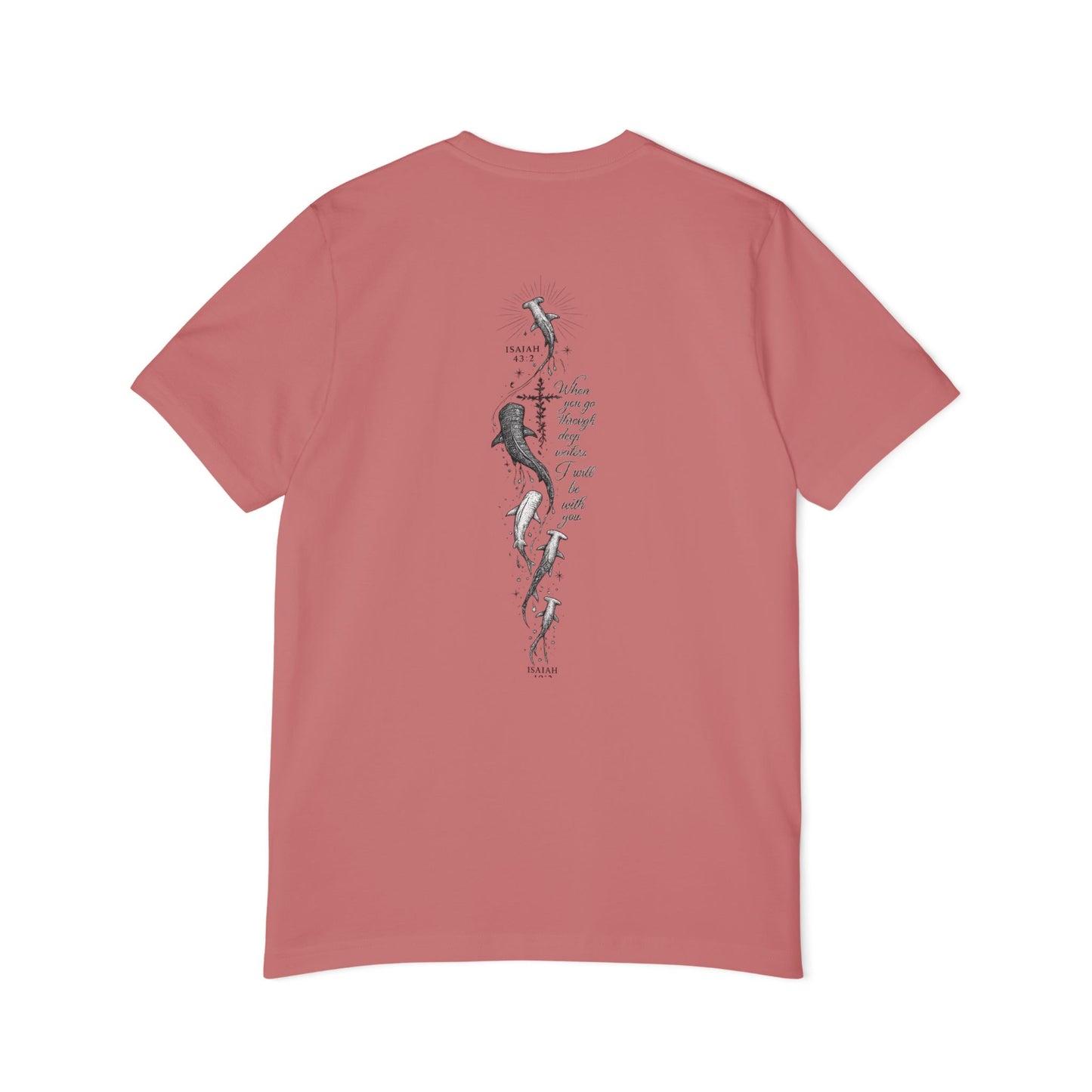 Shark Ocean Vertical Back-Print T-Shirt — Vintage Script Marine Design
