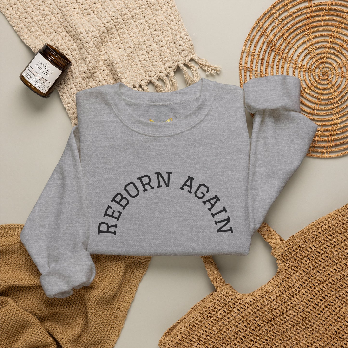 Crewneck Sweatshirt — "Reborn Again" Minimalist Botanical Sleeve