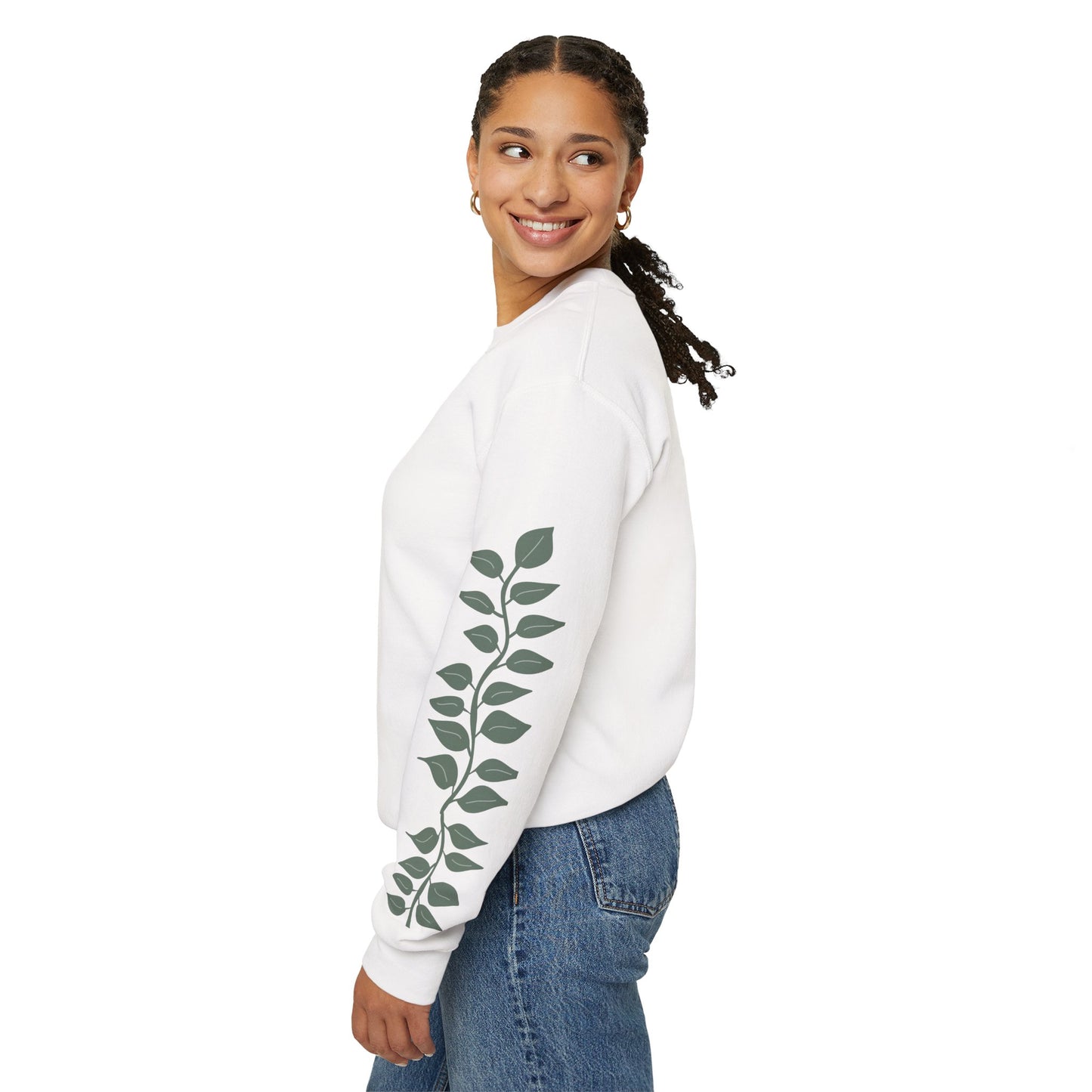 Crewneck Sweatshirt — "Reborn Again" Minimalist Botanical Sleeve