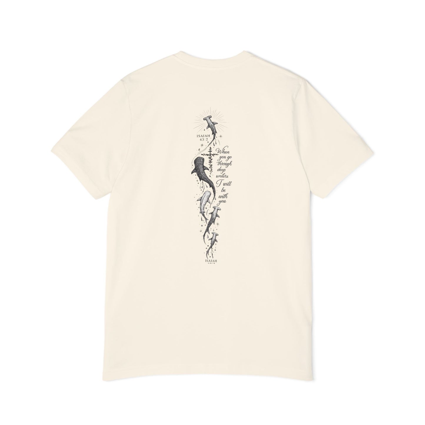 Shark Ocean Vertical Back-Print T-Shirt — Vintage Script Marine Design