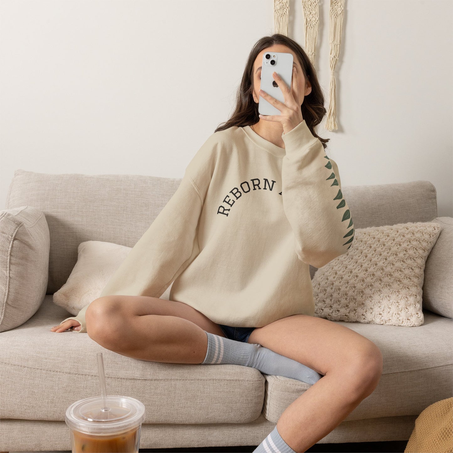 Crewneck Sweatshirt — "Reborn Again" Minimalist Botanical Sleeve