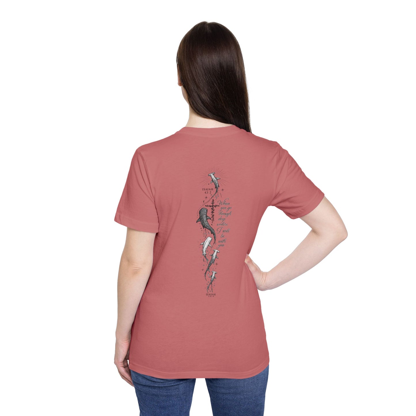 Shark Ocean Vertical Back-Print T-Shirt — Vintage Script Marine Design