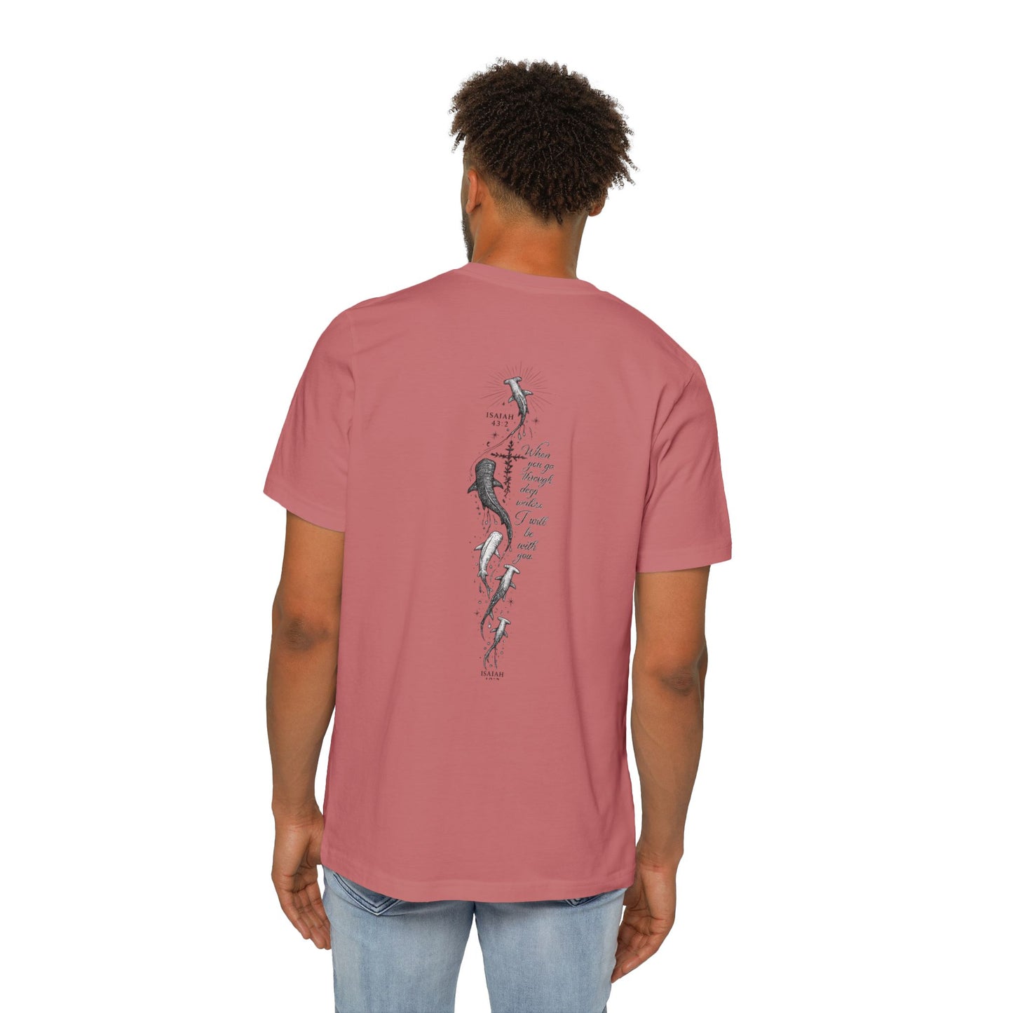 Shark Ocean Vertical Back-Print T-Shirt — Vintage Script Marine Design