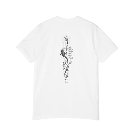 Shark Ocean Vertical Back-Print T-Shirt — Vintage Script Marine Design